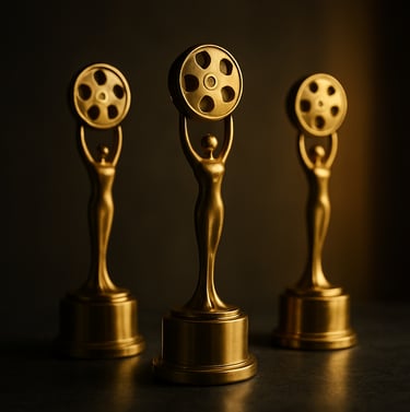 A collection of three golden international film festival trophies displayed on a sleek, dark stone surface, soft professional lighting from the side.