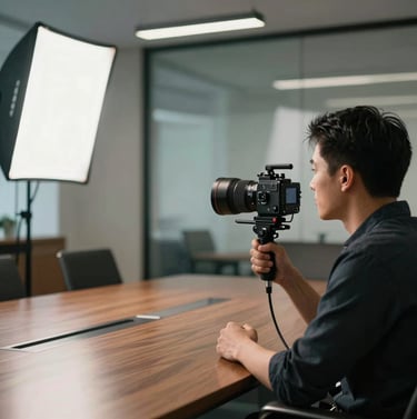 A professional documentary interview setup in a modern corporate boardroom. Professional lighting equipment and a boom mic are visible in a cinematic, low-key style. Global / Western.