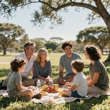 A happy family enjoying a picnic in a sun-drenched South African park, authentic smiles, professional candid photography, warm and inviting mood.