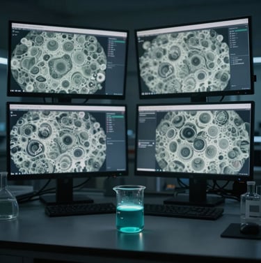 A wide-angle cinematic shot of a dark laboratory. Large monitors display zoomed microscopic footage in muted sage grey. In the foreground, a glass beaker containing a deep teal substance sits on a dark charcoal workbench, glowing faintly.