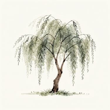 A minimalist watercolor sketch of a willow tree, using light washes of #A89B90 and charcoal-like lines of #362C27, on a clean #F5F2EF background.