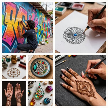 A vibrant collage of graffiti, glass painting, and pastry art representing diverse artist portfolios.