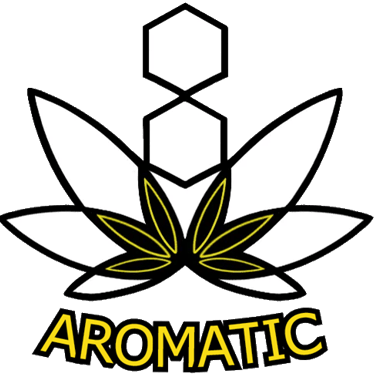 Aromatic brand logo featuring a white cannabis leaf with hexagon symbols and yellow outlines.