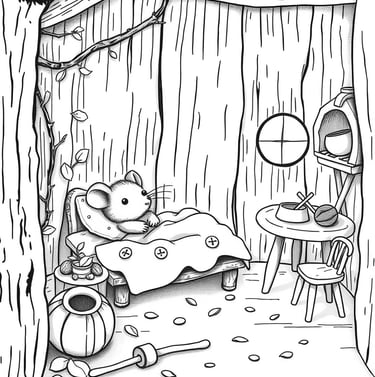 alt="Petite souris qui dort paisiblement dans son lit sous une couverture, illustration à colorier  