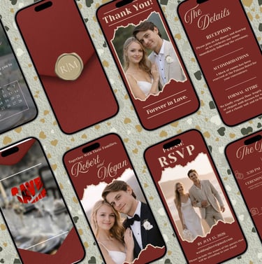 Elegant burgundy digital wedding invitation screens featuring a romantic couple and RSVP details.