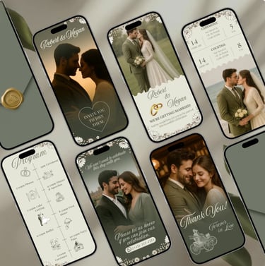 Digital wedding invitation template displayed on multiple smartphones featuring a romantic couple and event details.