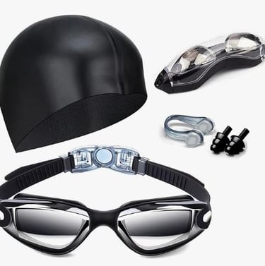Swimming goggles with nose clip, earplugs, swim cap, and case for men and women.