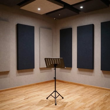 Wide shot of a professional recording booth with acoustic treatment panels on the walls. Warm, focused lighting on a music stand. Elegant Southern European / Spanish studio interior, projecting reliability and creative passion. Palette: light gray and dark navy.