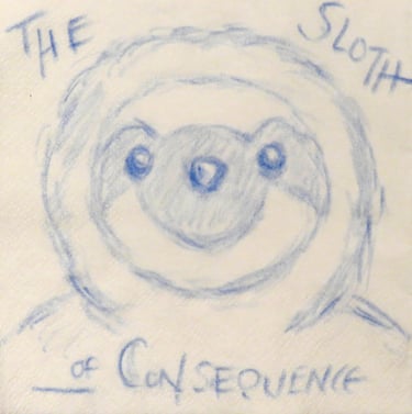 Drawing of stuffed sloth with title text