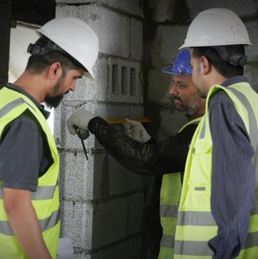 Construction workers in hard hats and safety vests measure a concrete block wall on a building site.