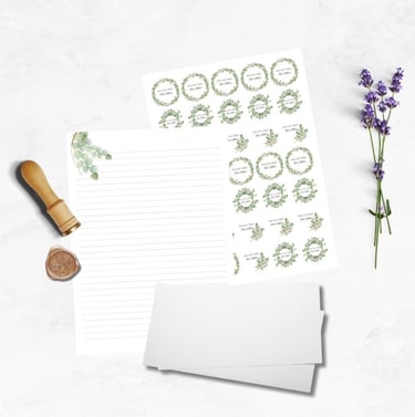 A eucalyptus design on printed paper with matching stickers. Shown with a stack of envelopes 
