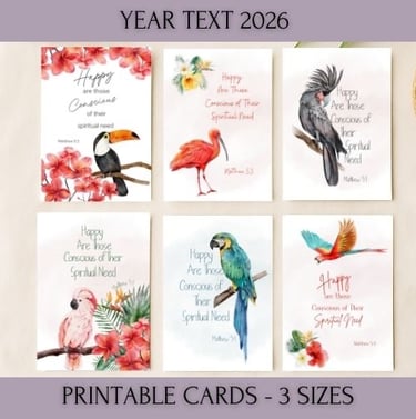 a set of printable cards with tropical bird artwork and the 2026 year text