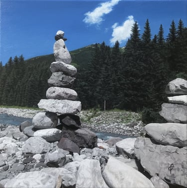 Tableau peinture à l'huile - Sérénité (cairn dans les Alpes)