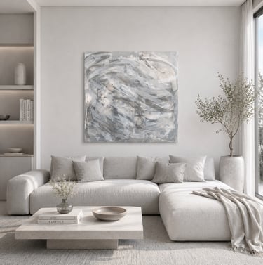 Modern minimalist living room with a light gray sectional sofa, abstract wall art, and a stone coffee table.