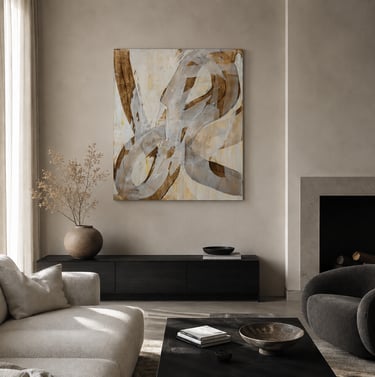 Minimalist living room with abstract wall art, black media console, and modern fireplace decor.