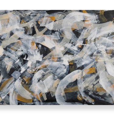 Abstract painting featuring bold white, grey, and yellow brushstrokes on a black canvas.