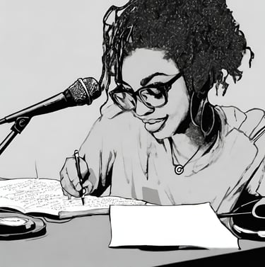 a woman in glasses and a microphone in front of a microphone