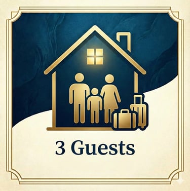 a family with luggage bags and a house with three people