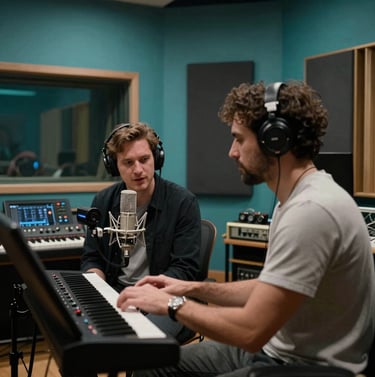 A professional photograph of two musicians collaborating in a high-tech International / English-speaking recording studio with Muted Turquoise lighting and Dark Charcoal acoustic panels.