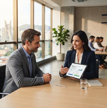 Bright modern real estate agency office in São Paulo, a professional showing a digital rental guarantee interface on a tablet, warm natural light, clean architectural background