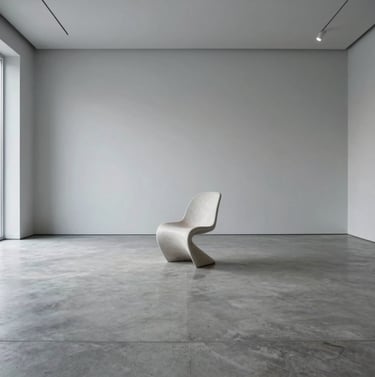 Wide shot of a minimalist gallery space in Oslo. Polished concrete floors, light gray walls, one sculptural chair in the center. Professional architectural photography, airy and spacious Northern European setting.