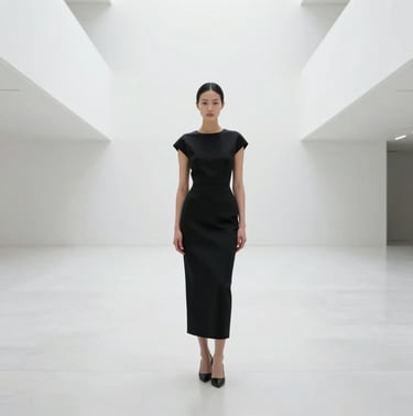 Full body editorial shot of a woman in a structured black dress standing in a vast, minimalist white hall, high contrast, #0F0F0F garment, #F8F8F8 architecture.