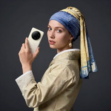 Full-scale advertising campaign visual. A model posed like a Dutch master painting, holding a modern tech product. High contrast, sharp details, luxury atmosphere. Dominant colors are sand #F8F4ED and charcoal #363131.
