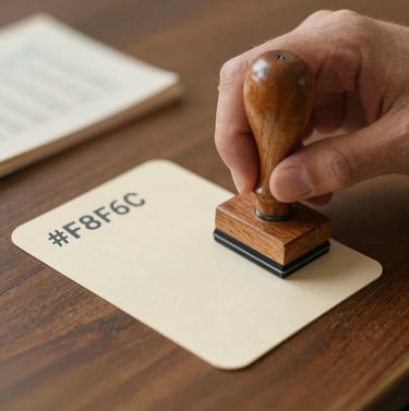 An intimate, creative shot of a librarian's hand using a vintage wooden stamp on a #F8F6F4 cream-colored library card. The ink is a sharp #3D3B3C dark gray. The image captures the scholarly and tactile nature of the profession.