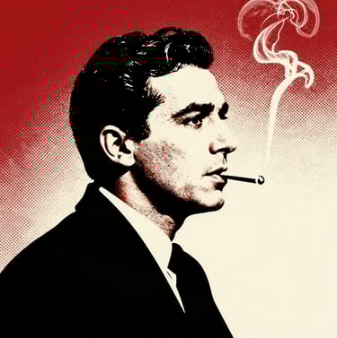 Graphic silhouette of a man smoking, inspired by Jean-Paul Belmondo. Bold black ink style with a background of vibrant red #D4202B and off-white #FDFDF5 halftone dots. Cinematic 1960s atmosphere, flat pop art style.