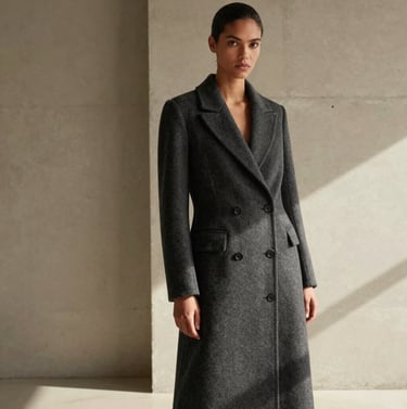 An editorial fashion portrait of a Brazilian / South American model wearing a tailored dark charcoal gray coat, captured in a minimalist, sunlit studio with beige concrete walls. High-fashion composition, elegant posture, soft natural light.