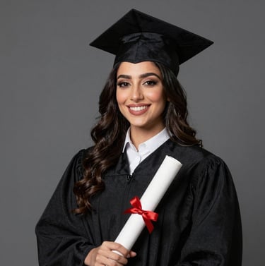A radiant Middle Eastern woman in a graduation gown, smiling happily in a professional studio setting, holding a rolled diploma, soft flattering lighting, high-quality portrait photography.