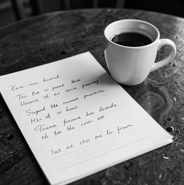A black and white style photograph with deep espresso brown tones of a songwriter's handwritten notes and a half-full coffee mug on a table in a North American / US cafe.