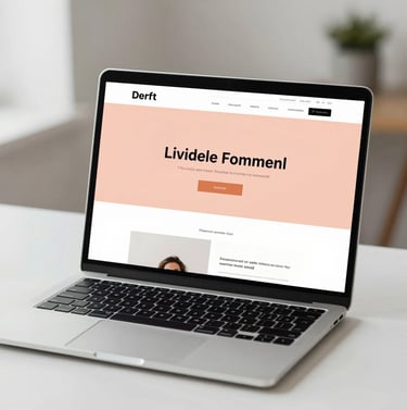A sleek, modern laptop resting on a clean desk, displaying a sophisticated website homepage. The screen shows a refined minimalist layout with burnt peach highlights and professional black text. Soft, natural lighting.