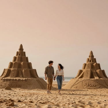 A candid shot of a happy couple walking past large sand sculptures on a tranquil beach. The mood is warm and inviting. The soft sand underfoot and the terracotta sky create a cinematic, serene atmosphere for the art project.