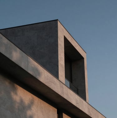 A clean, minimalist architectural detail of a North American modern building at dusk, muted indigo sky, strong geometric lines, charcoal and ivory tones, cinematic style.