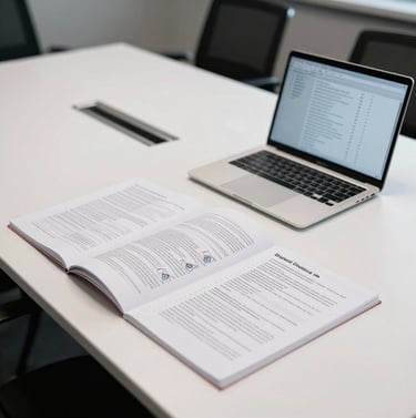 A beautifully lit photograph of published scientific studies on digital violence lying on a polished white conference table next to a laptop displaying data analysis. Professional studio light, clean and academic atmosphere.