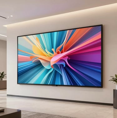 A large digital screen mounted in a modern North American / US corporate lobby, displaying a vibrant abstract 3D artwork. The environment is professional and elegant, with soft crisp off-white lighting.