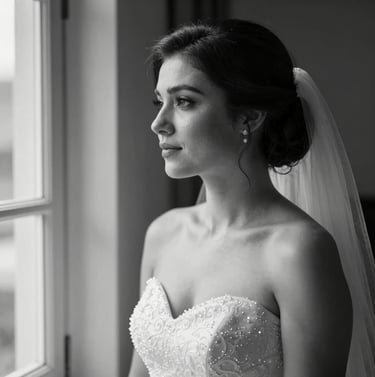 A black and white portrait of a bride looking thoughtfully out a window, high contrast with deep #3A3335 tones and bright highlights, showcasing a professional and artistic touch.