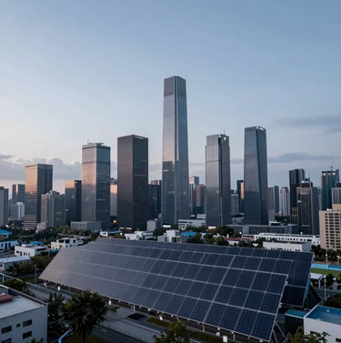 A wide-angle landscape shot of a futuristic city skyline with integrated solar facades, shot during the 'blue hour' to emphasize the #1A2C38 and #A9C5D0 colors. Clean, sharp, and highly professional imagery.
