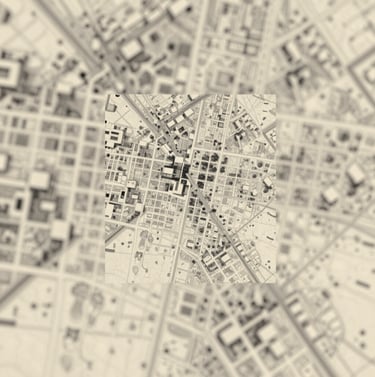 Atmospheric architectural site analysis map. Abstracted urban grid in Charcoal ink over a Soft Sand paper texture, focused on historical footprints.