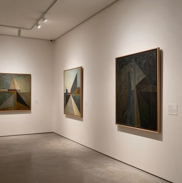 An interior shot of a minimalist International / Global Art Scene gallery. High-end canvases are displayed on Pale Cream walls. Professional track lighting creates dramatic shadows. Elegant and professional atmosphere.