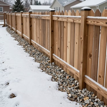 A durable cedar wood privacy fence standing in a snowy backyard with decorative river rock landscaping.