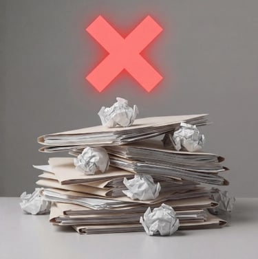 X roja sobre papeles: Carpetas desordenadas y rechazadas por malos abogados en trámites de pensión.