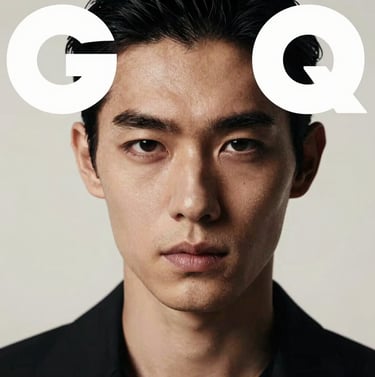 Portrait focusing on the model's intense gaze. Soft off-white lighting on one side of the face, deep jet black shadows on the other. Very clean skin texture and sharp details, GQ style editorial.