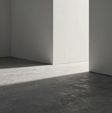 A professional production still from a film set. The scene features minimalist architectural elements and dramatic shadows. A clean, sophisticated composition using slate gray and off-white. The atmosphere is meticulous and creative. Western European setting.