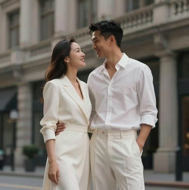 A high-fashion videography still of an engagement shoot in an urban setting. Sophisticated lighting, #20232B architecture, and #F7F5F0 attire create a contemporary, artistic storytelling vibe.