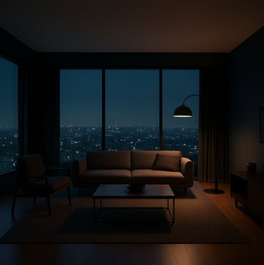 Wide shot of a sophisticated living room with dark blue walls and floor-to-ceiling windows overlooking a Brazilian city at night, atmospheric soft lighting, minimalist furniture.