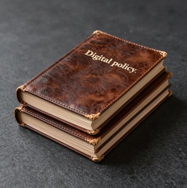 A stack of vintage academic journals bound in espresso leather, sitting on a charcoal tabletop. The scene is quiet and still, emphasizing a lifetime of research and dedication to digital policy.