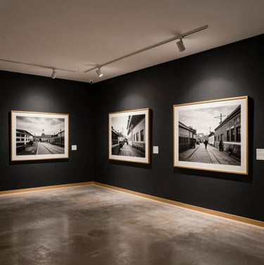 A minimalist gallery space in an Angolana cultural center, black walls, gold trim, displaying large black and white documentary prints under soft spotlights.