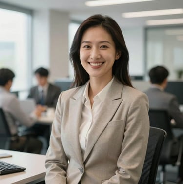 A friendly, smiling business professional in a light-filled North American / US office space, looking directly at the camera to portray trust and collaboration.